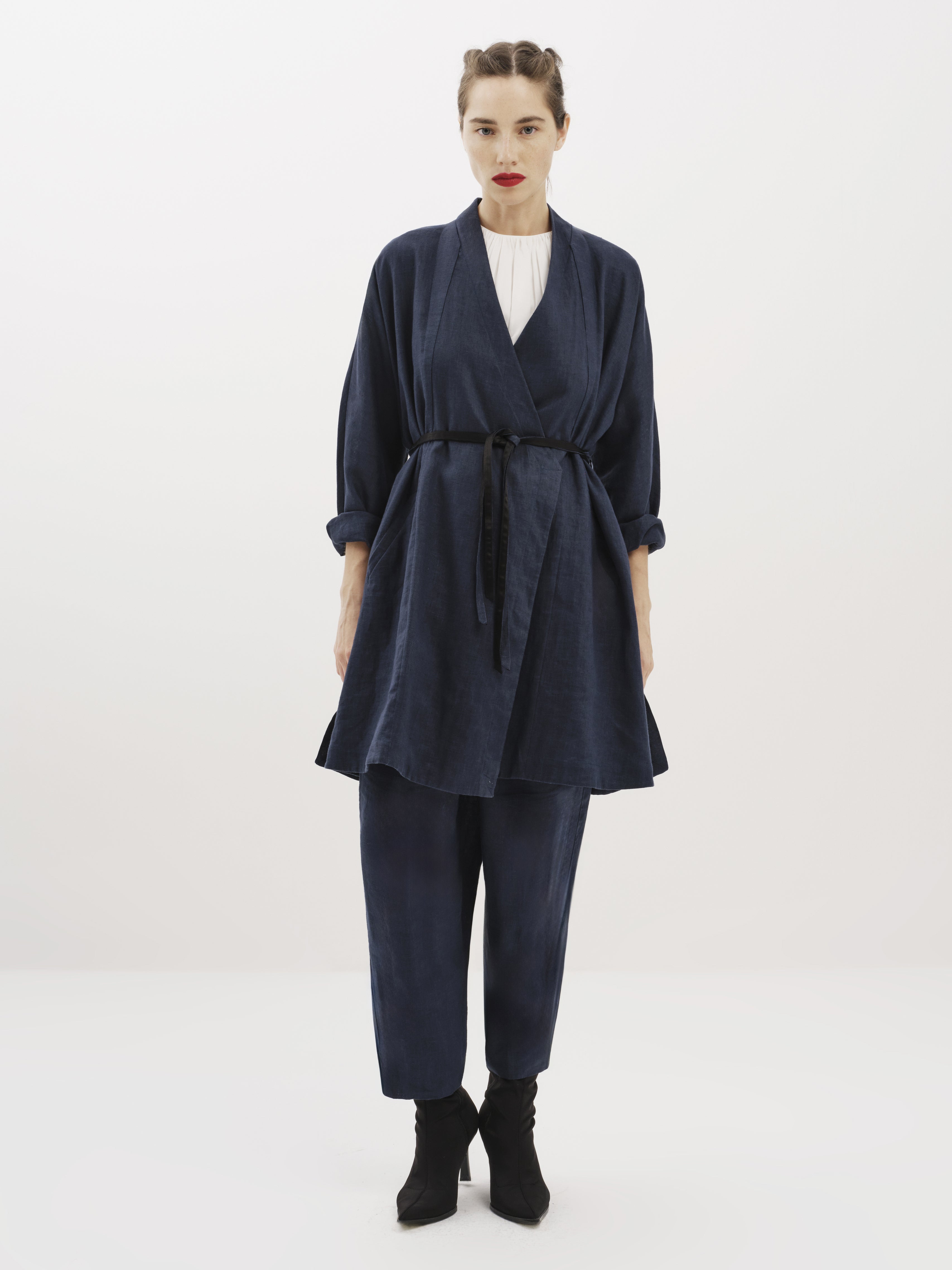 Navy Linen Wrap Belted Top