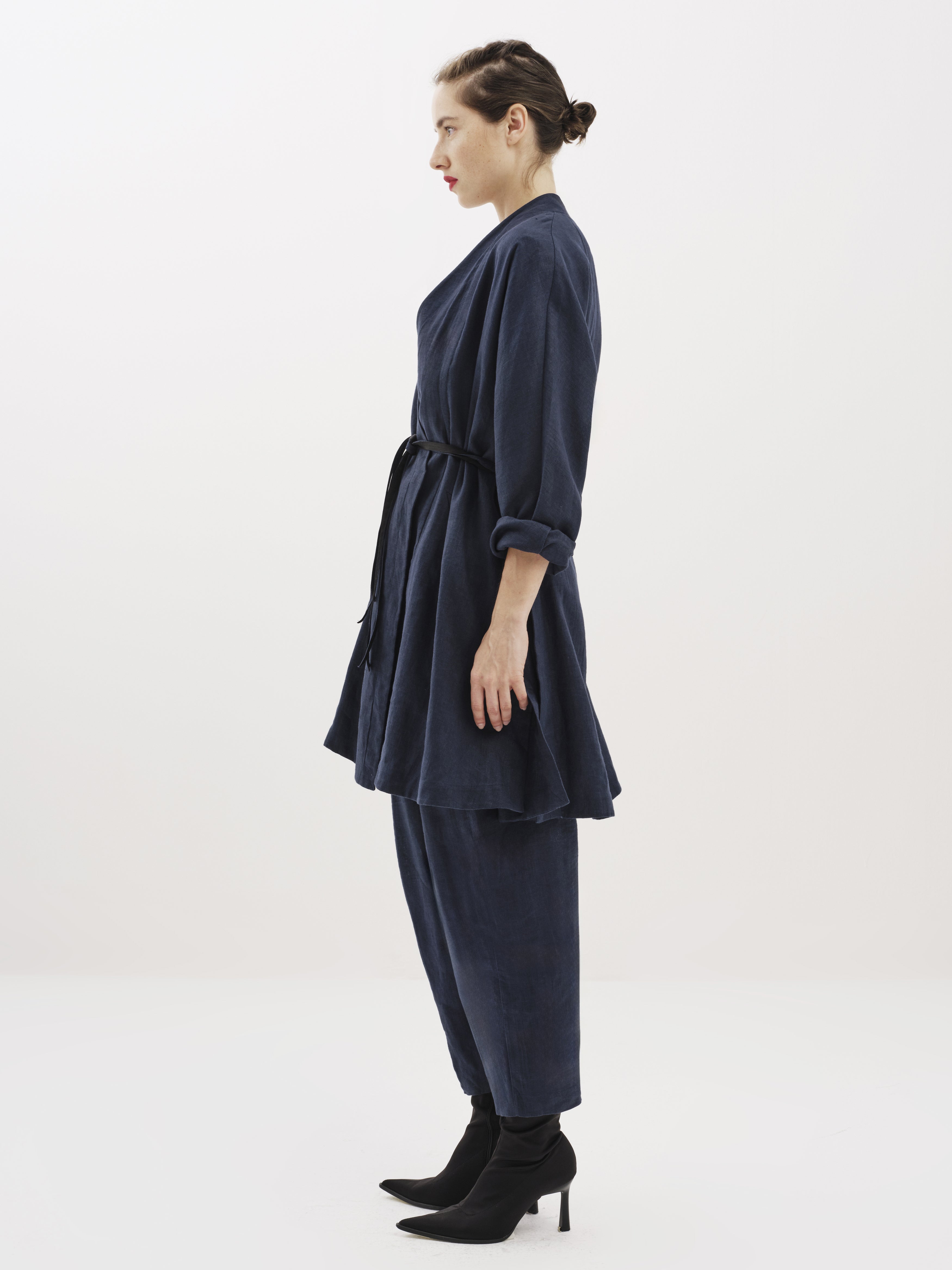 Navy Linen Wrap Belted Top