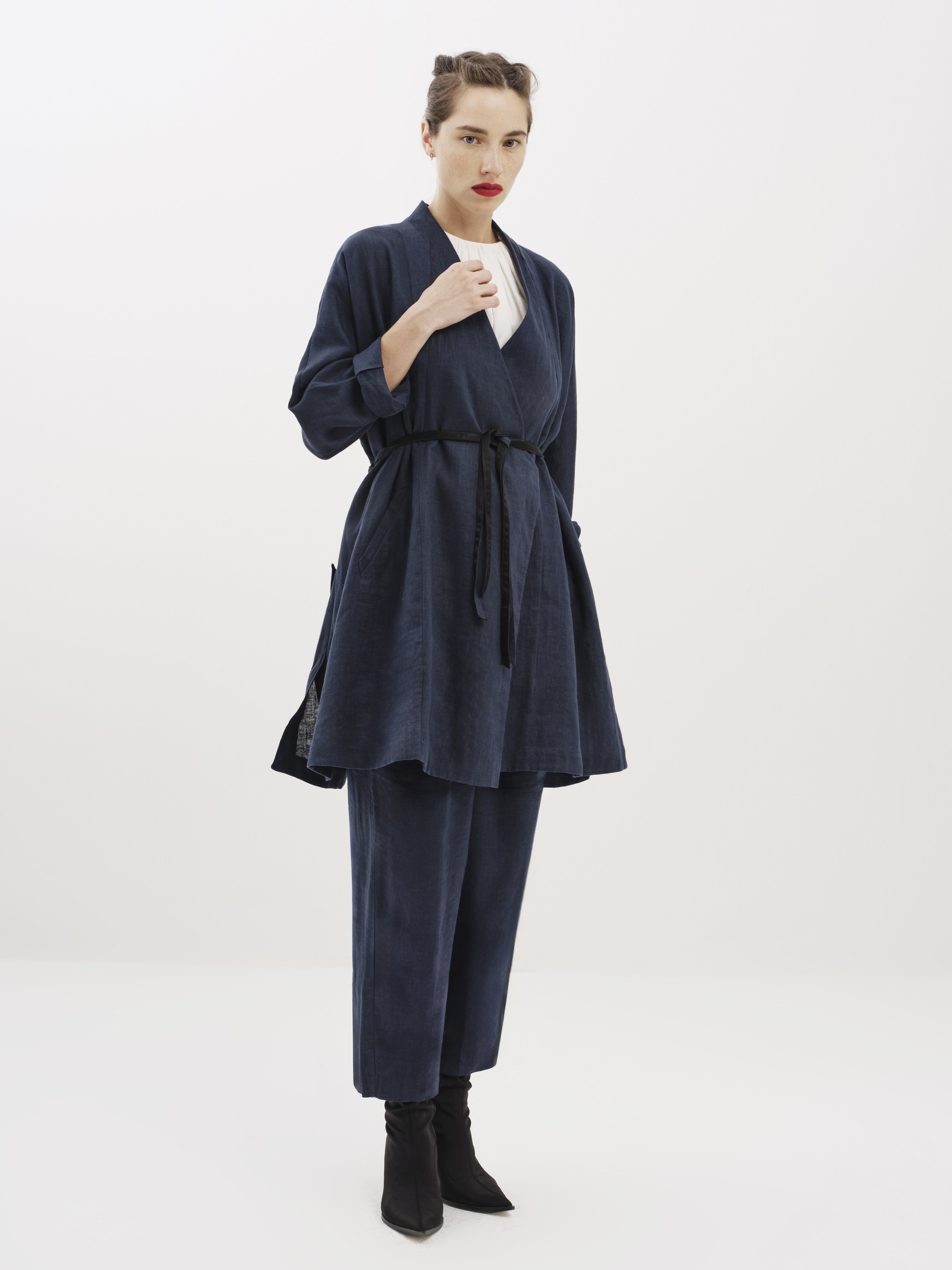 Navy Linen Wrap Belted Top